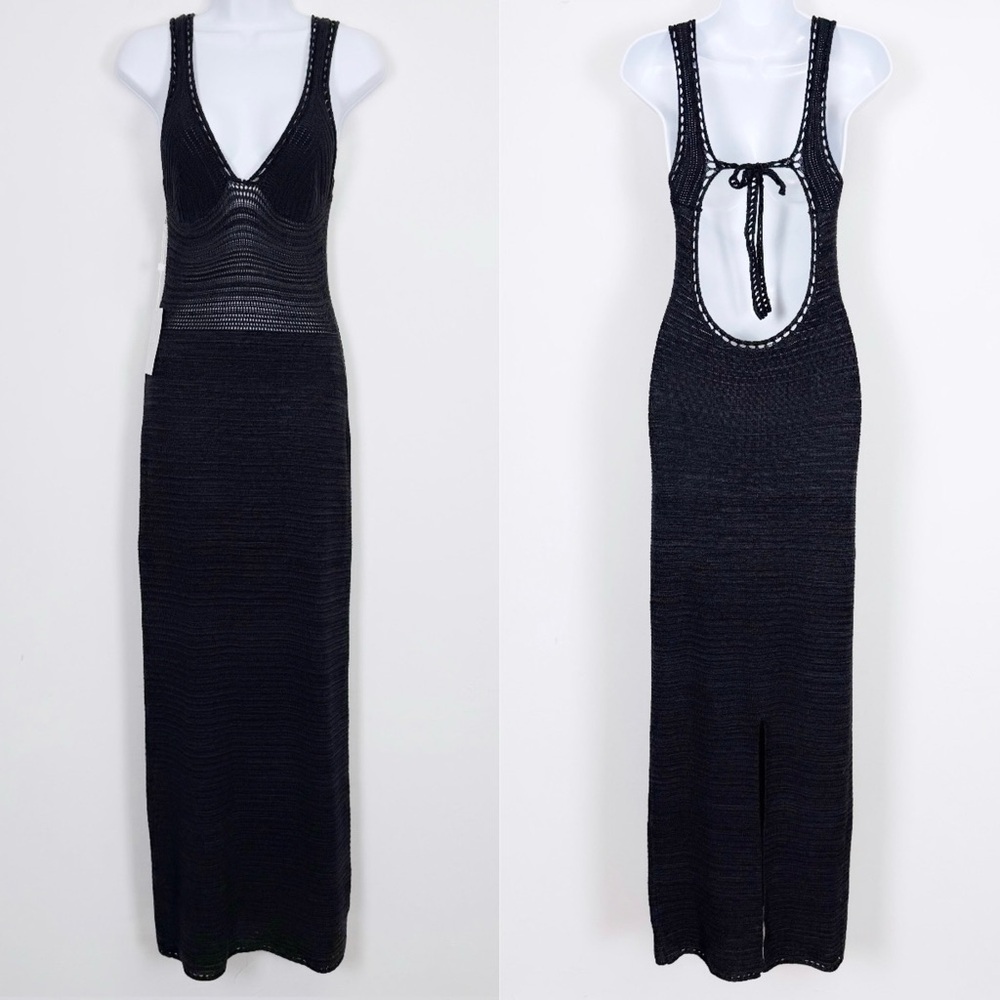 Ronny Kobo Madi Crochet Maxi Dress Womens Medium Black Gray Open Back $398 NWT